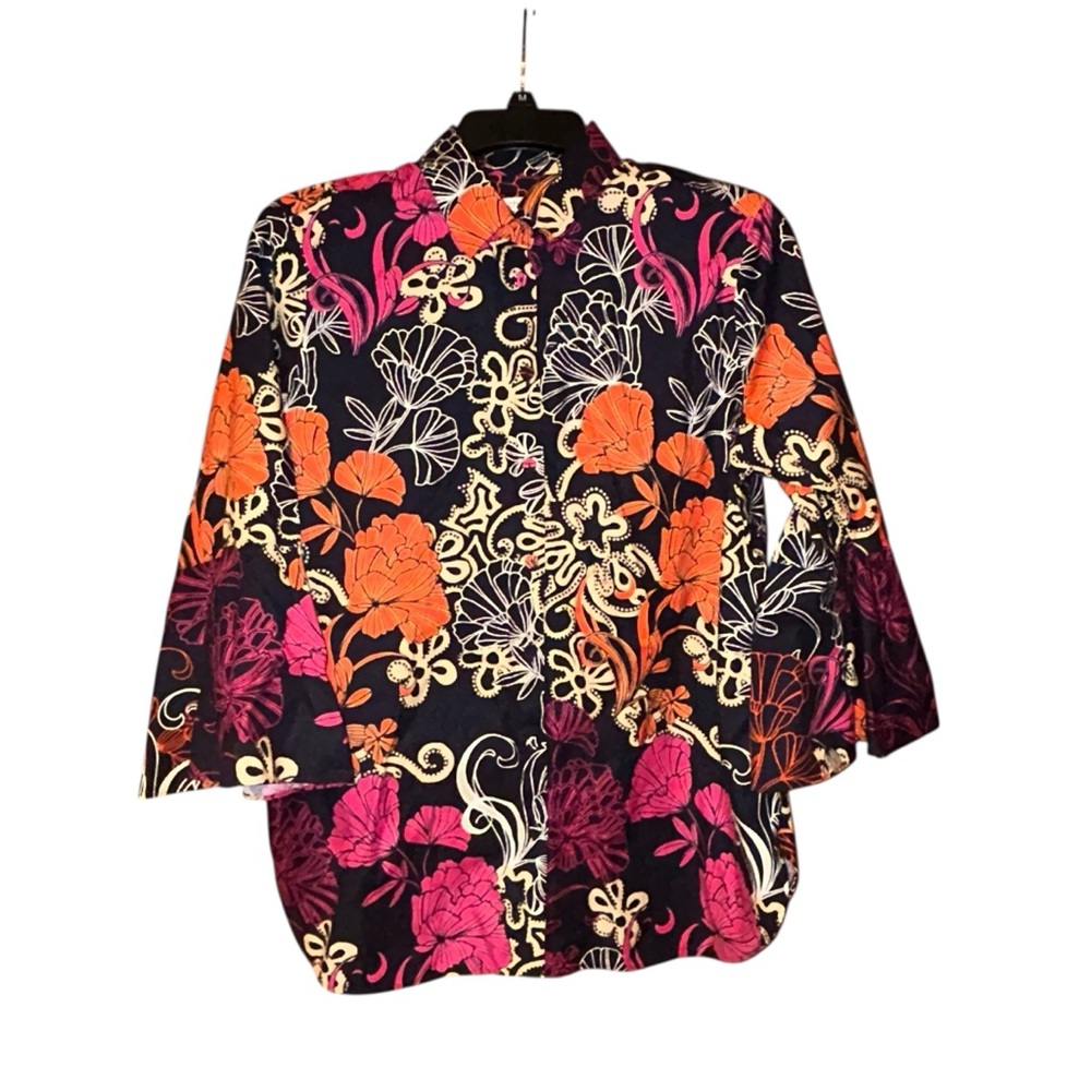 Chico’s (1) Womens Retro Floral Blouse Size 8 3/4 Sleeve‎ Stretch Hippie Boho